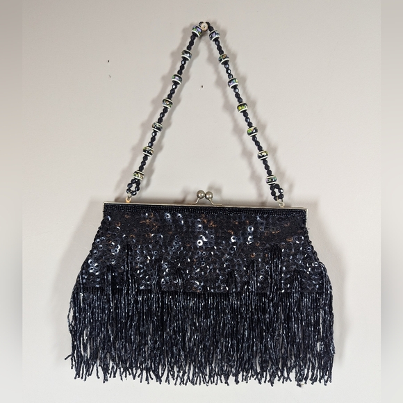 Handbags - Vintage Black Beaded Fringe Evening Bag – Sequin Flapper Style 10" Wide